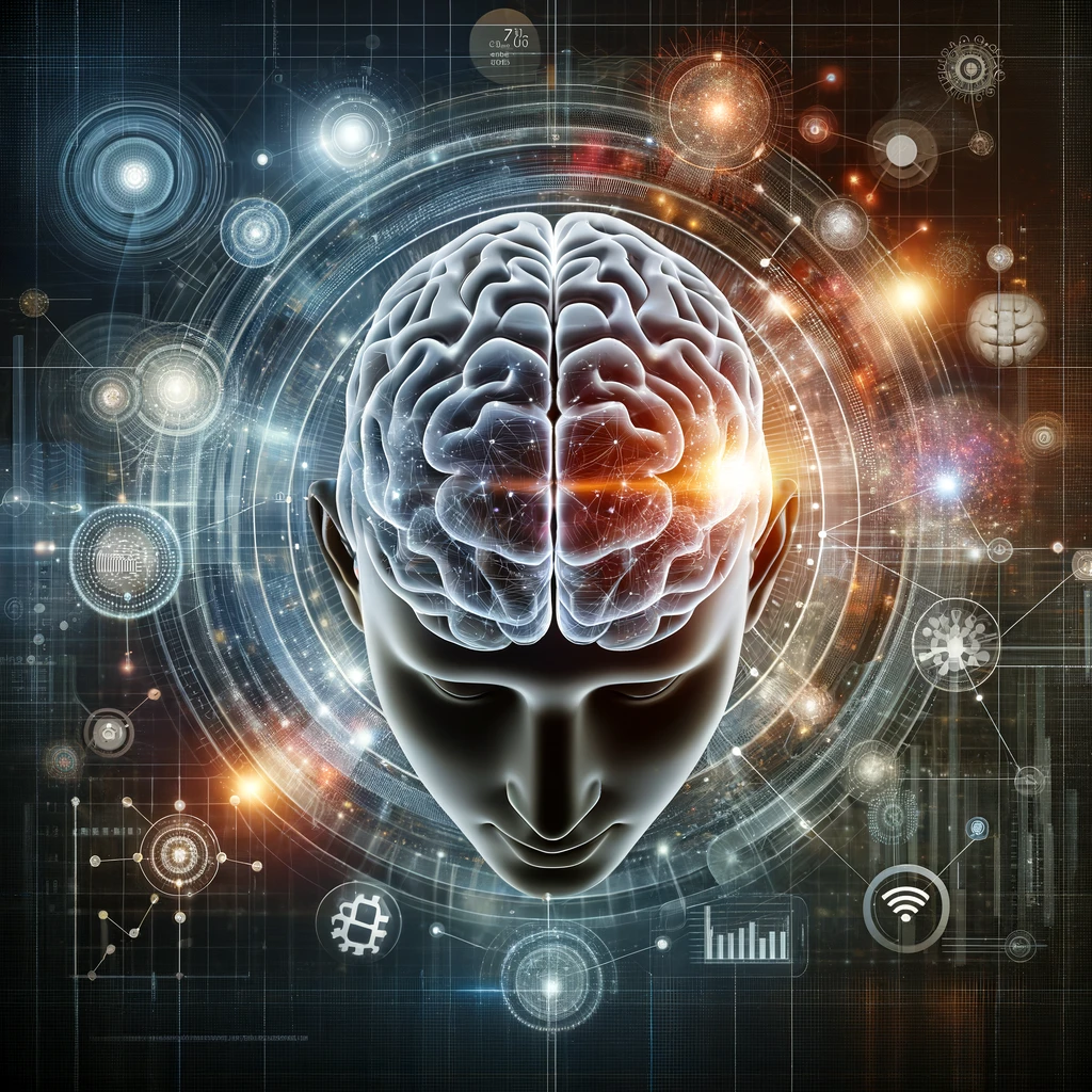 ニューロサイエンスとマーケティングの交差点を象徴する画像：脳とデジタルマーケティング要素の融合