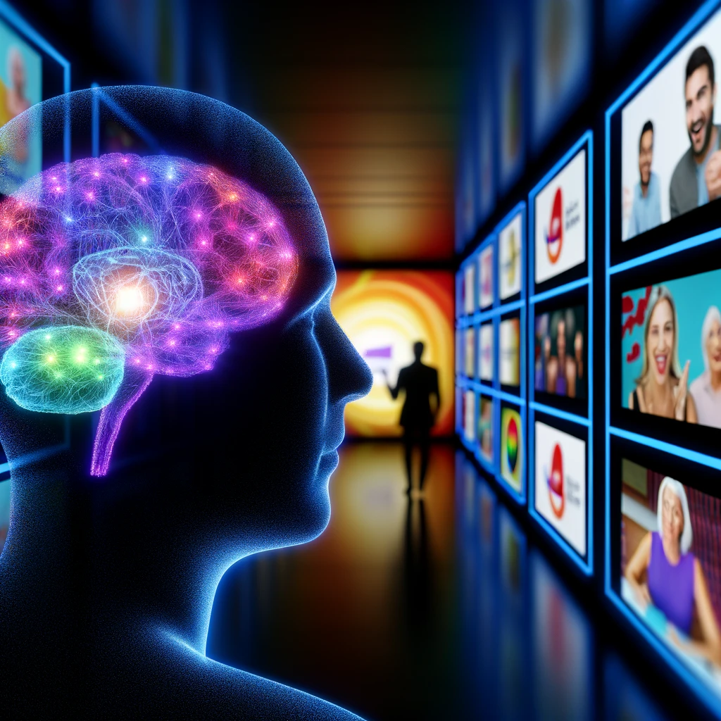 ニューロマーケティングの概念を象徴する画像：マーケティング刺激による心理的反応と感情を象徴する色とりどりに照らされた人間の脳、そして広告スクリーンを見つめる人物のシルエット