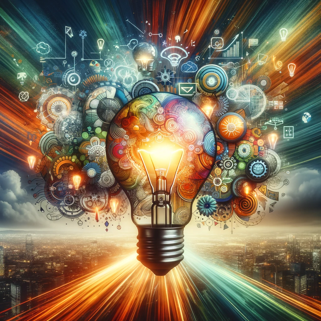 革新と創造性を象徴する光る電球、技術とサービスのシンボルで取り囲まれています